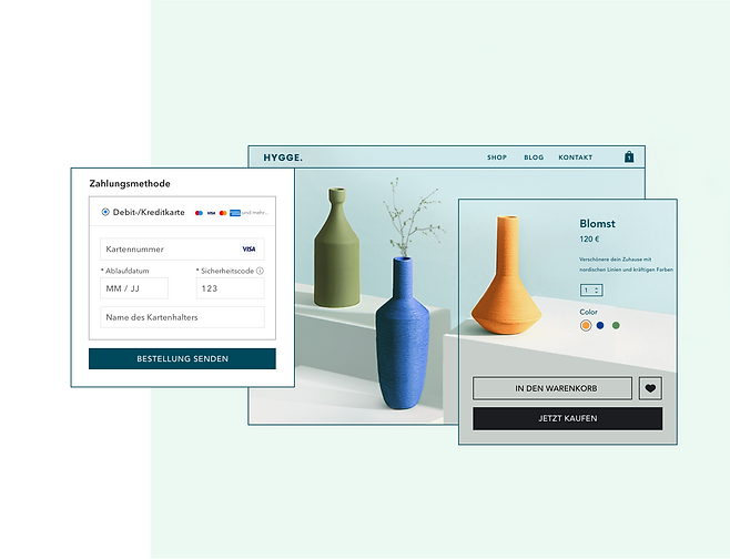 Online-Shop für Inneneinrichtung, Zahlungsmöglichkeit von Wix- und Produktseite für orangefarbene Vasen.