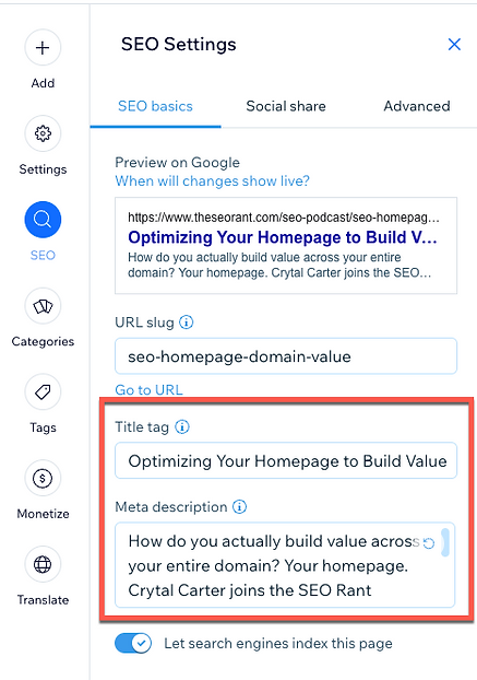 title tag and meta description in Wix seo settings