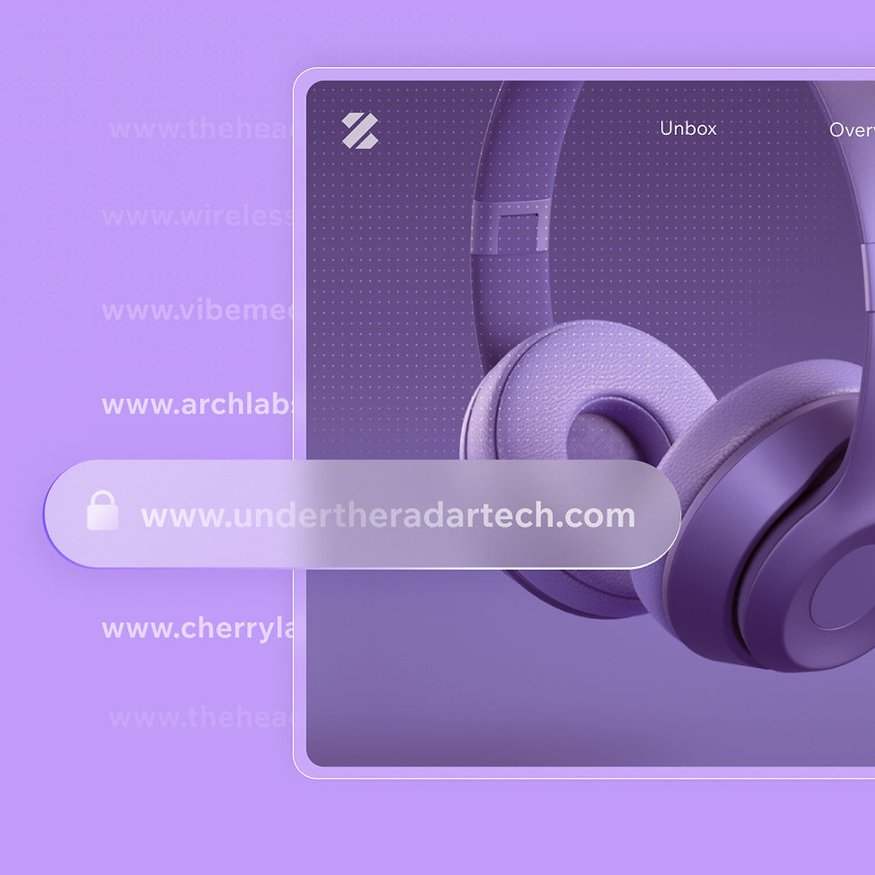Homepage for high-end headphones. Adjacent domain name generator pop-out with list of domain names. Techshed.com is selected.