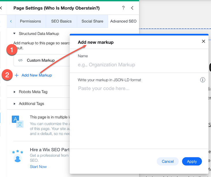 The settings to add multiple structured data markups within the Wix Editor