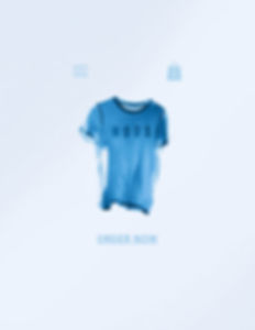 Blue T-shirt with the word “Nous” sold on a Wix eCommerce store with shopping cart and menu icons and an “Order Now” button