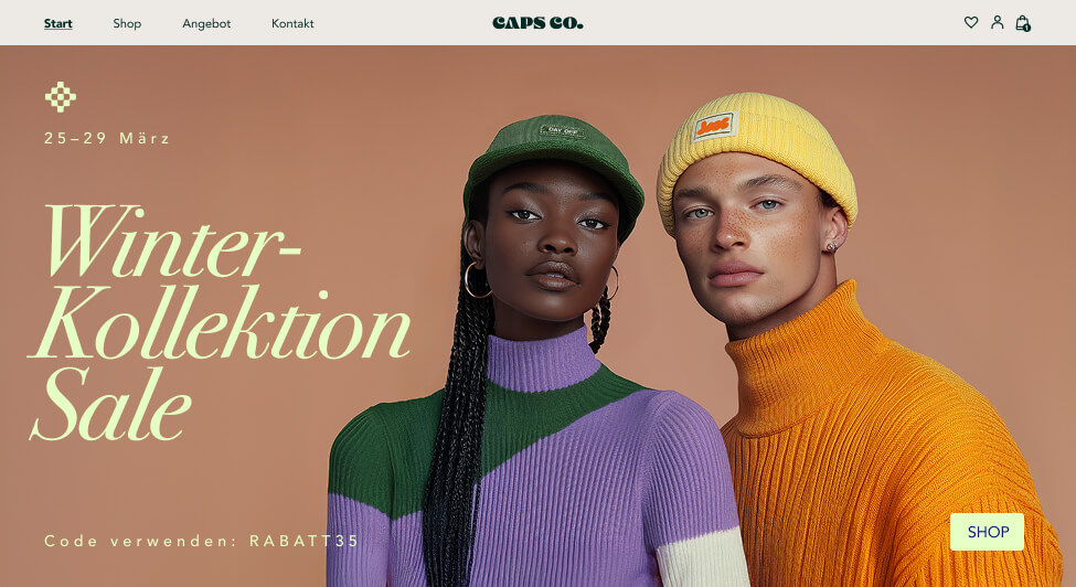 Eine E-Commerce-Website für Caps Co. mit passenden Meta-Daten und einer Domain, die mit dem Domainnamen-Generator von Wix erstellt wurde.