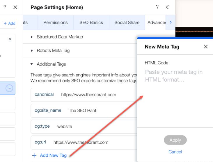 add custom meta tags in wix