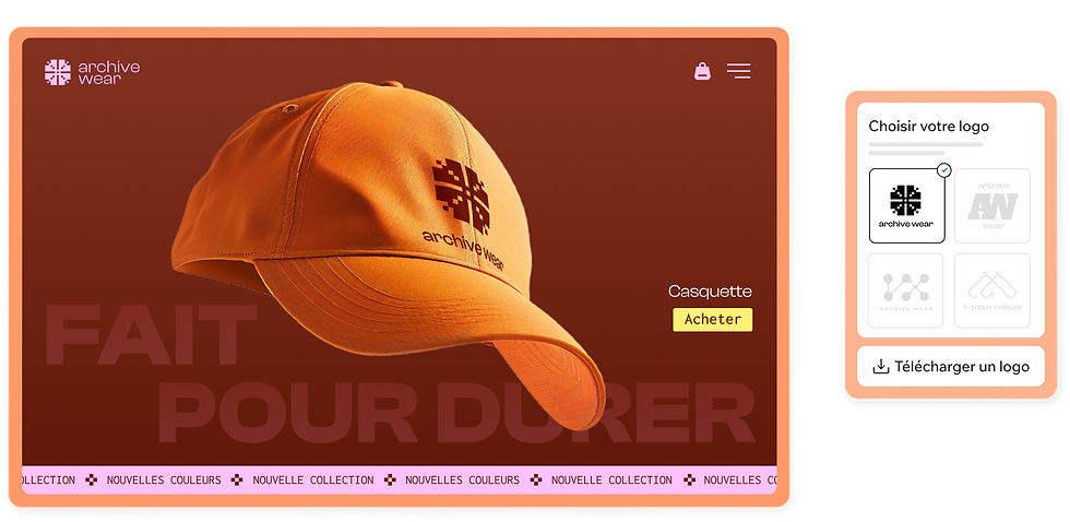 Image d'une page d'accueil de site e-commerce qui montre une casquette orange sur un fond rouge foncé. À doite un voit une fenêtre pour choisir le logo de la marque.