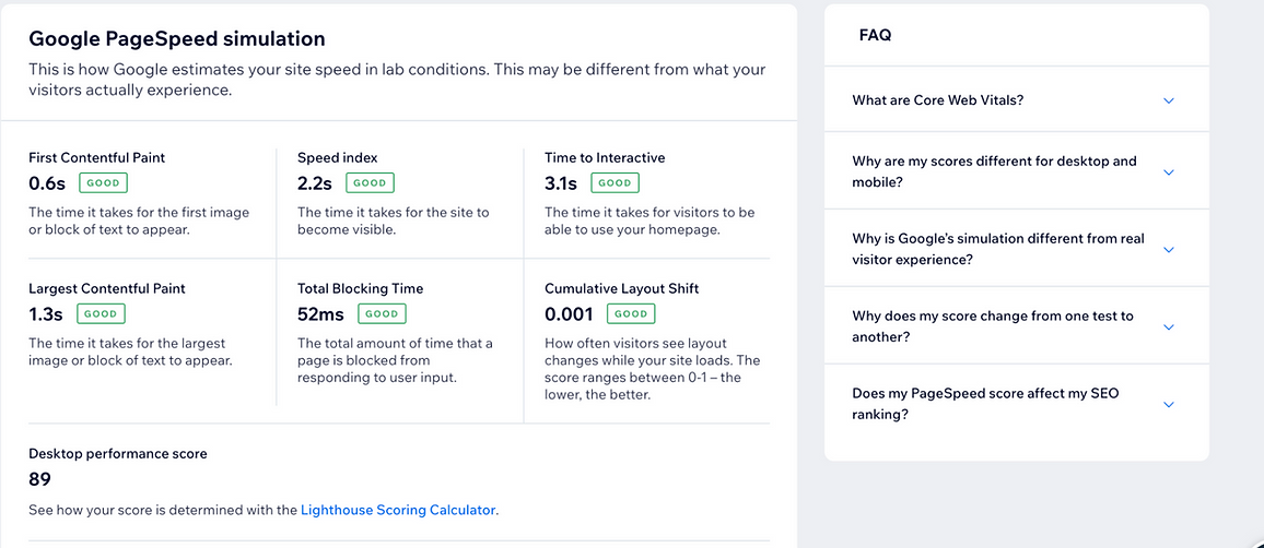 A screenshot of Simulated performance data as seen within the Wix Site Speed dashboard