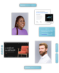 Ett kollage av bilder som visar professionella porträttbilder och olika Wix-funktioner som används för att bygga hemsidor.