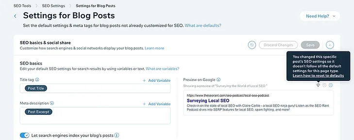 Wix SEO settings for blog posts