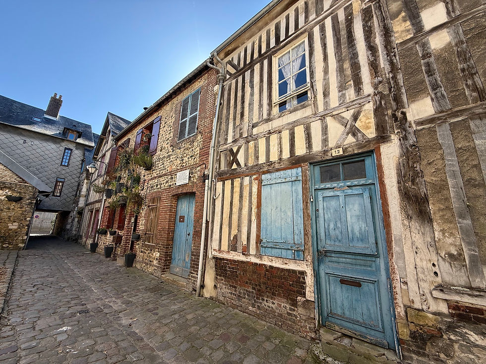 Old cobblestone street with rustic brick and timber houses, blue doors, and window shutters. Clear sky, plants on wall, quaint charm.