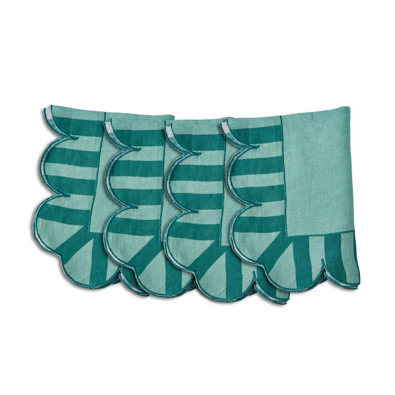 Green Background embroidered linen scalloped stripe napkins