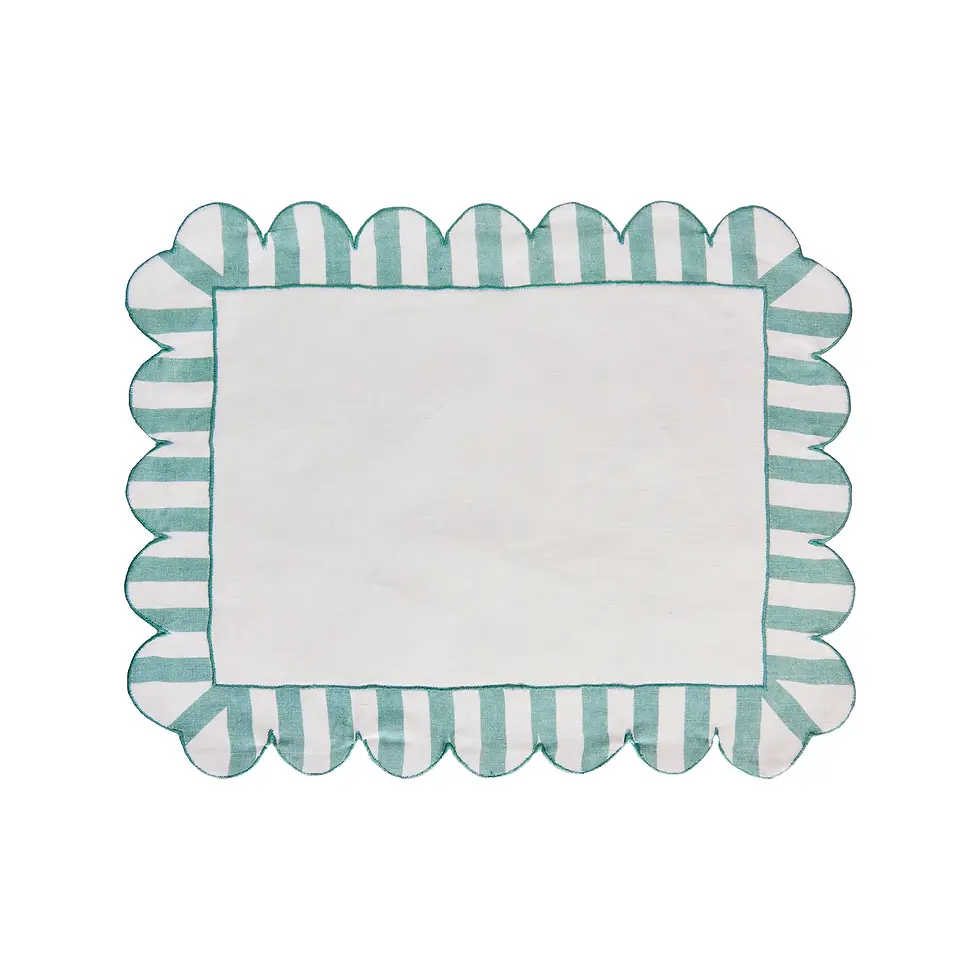 White and green background embroidered linen scalloped stripe Placemats