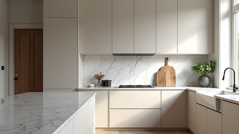 Eye-level view of a luxury kitchen renovation with custom cabinetry and marble countertops