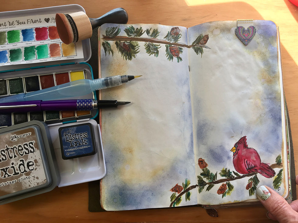 Watercolor with Distress ink Cardinal bird on branches