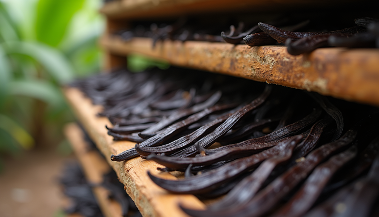 Close-up of cured vanilla beans drying on racks in Hawaiian farm
