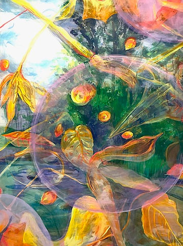 Abstract painting containing containing leaves and overlayed with translucent bubble shapes