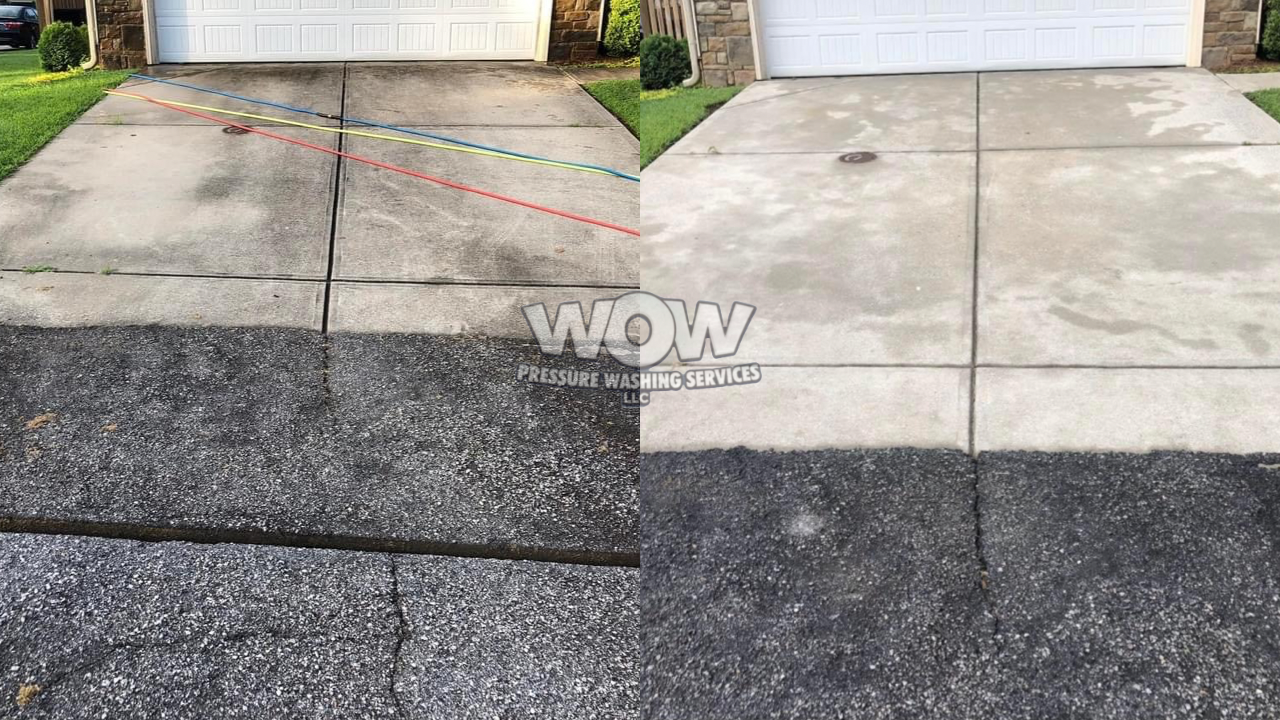 a before and after photo of a concrete driveway by wow pressure washing services llc