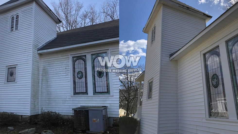 a before and after photo of a building that was cleaned by wow pressure washing services llc