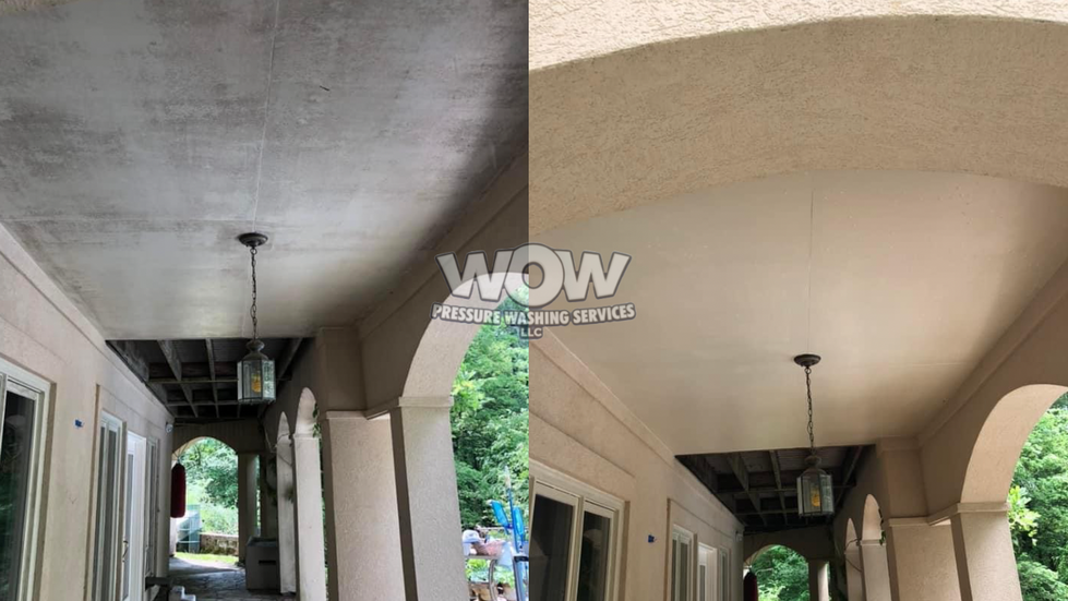 a before and after picture of a porch cleaned by wow pressure washing services llc