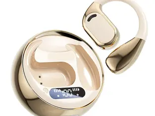 AI translation earbuds with charging case featuring an LED display showing battery status