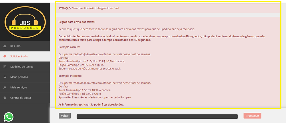 Aqui mostra as regras para envio de texto