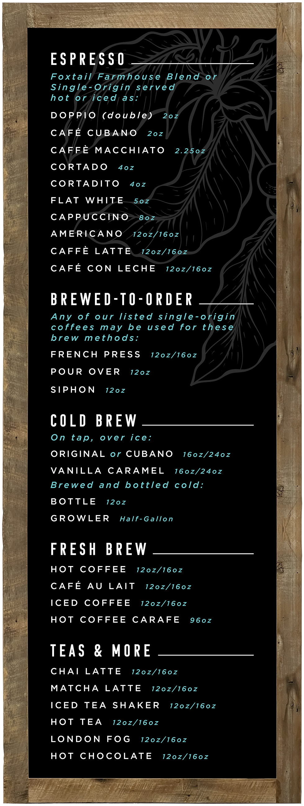 Foxtail Coffee espresso menu