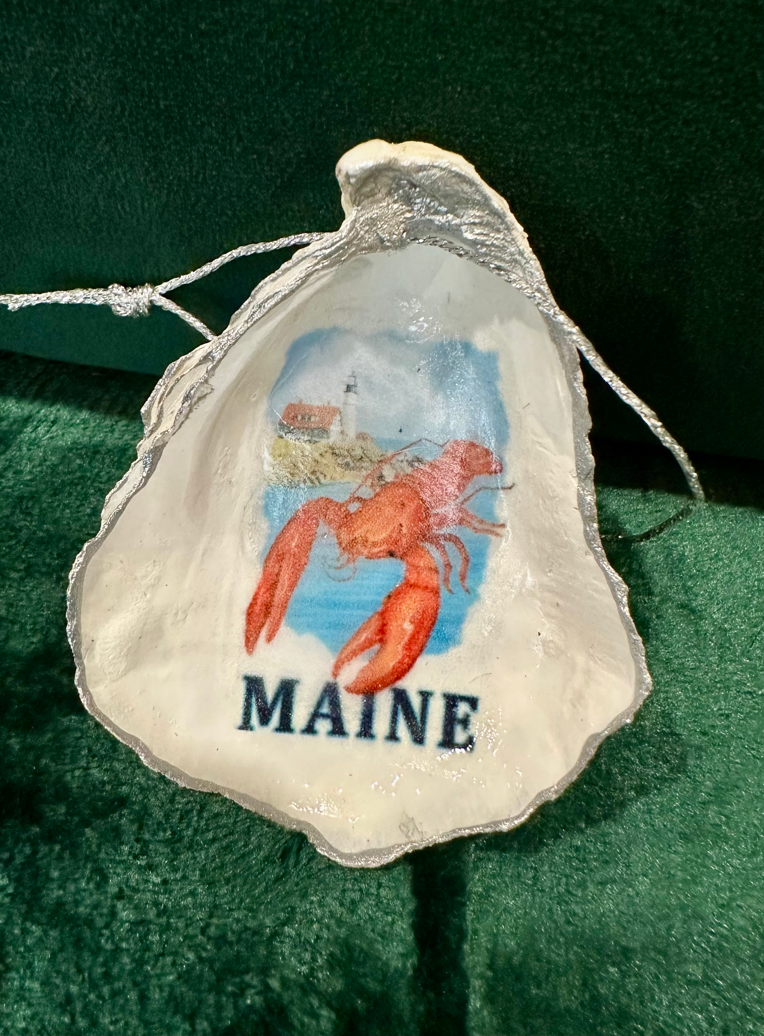 Maine Lobster at Nubble Lighthouse Oyster Shell Bottle Charm Ornament