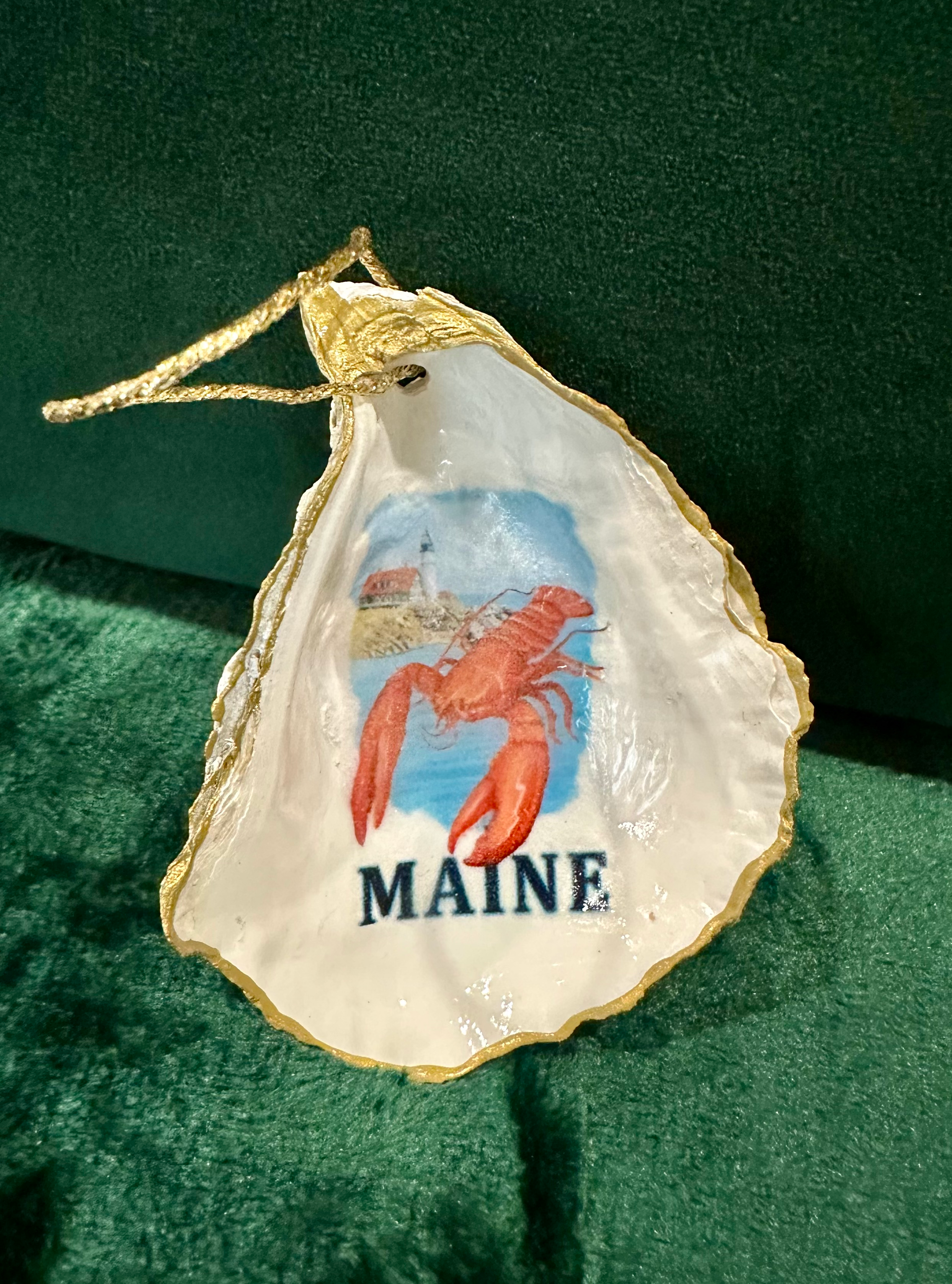 Maine Lobster at Nubble Lighthouse Oyster Shell Bottle Charm Ornament