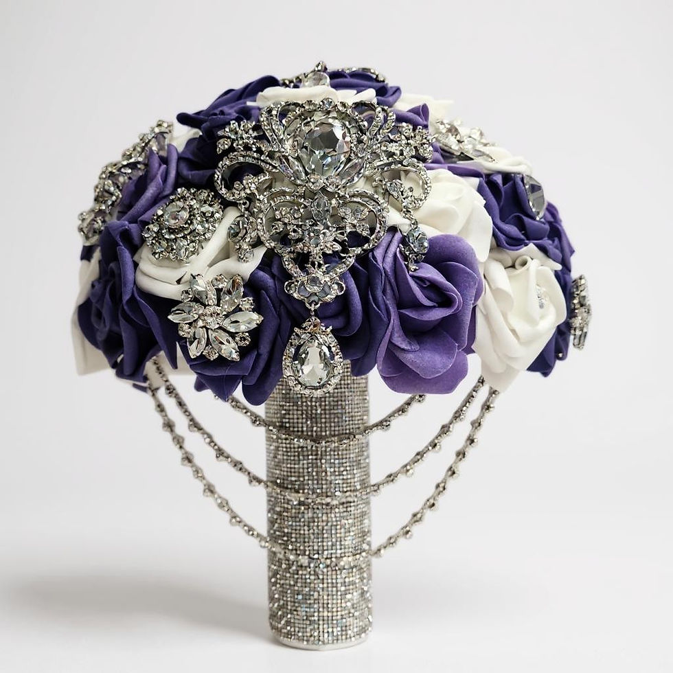 Thumbnail: Purple and White Base Brooch Bouquet with Dangles