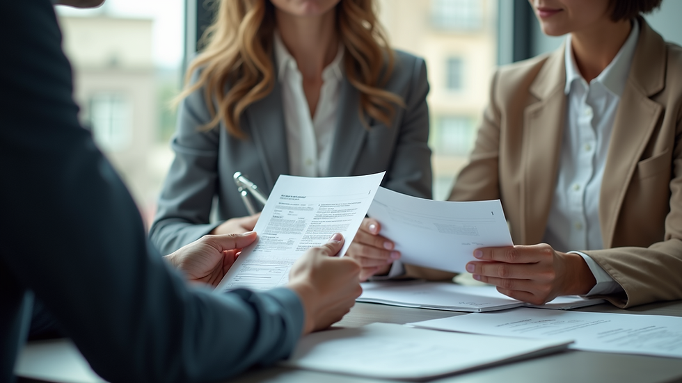 Eye-level view of a consultant explaining visa documents to a client