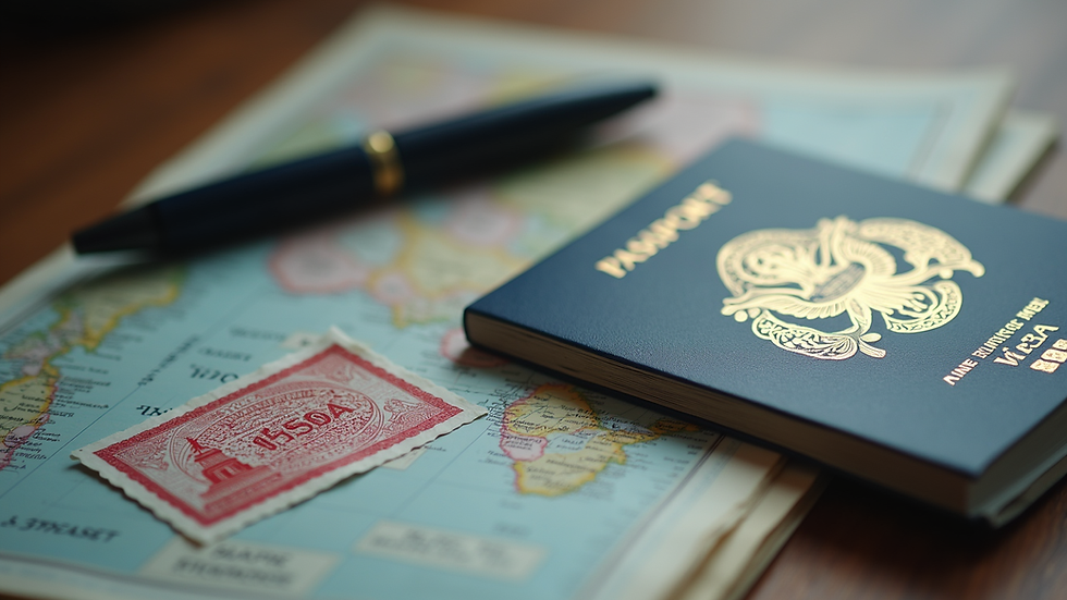 Close-up view of a passport and visa stamp on a table