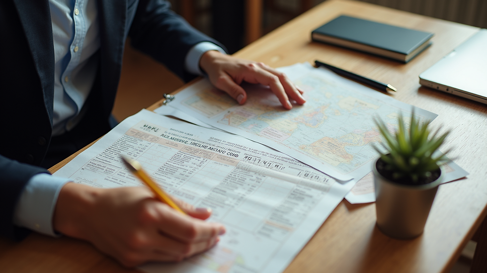 High angle view of a person organizing travel documents on a desk