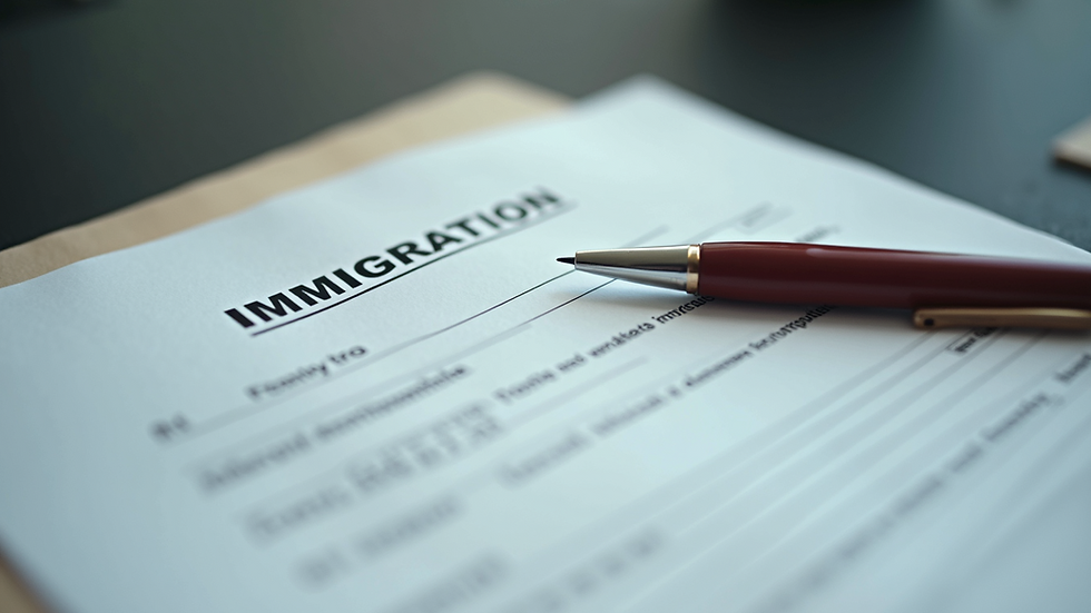 Close-up view of immigration documents and a pen on a table