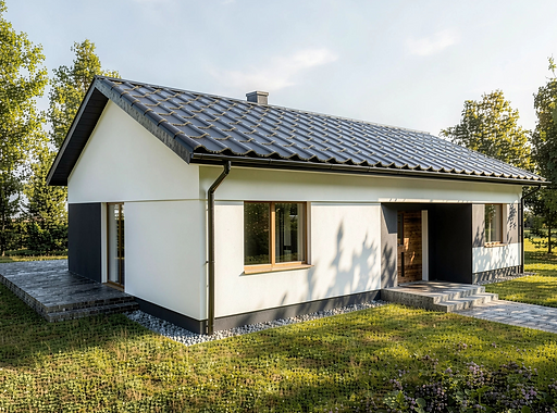 Elewacja frontowa domu 106m powierzchni użytkowej. dom ma klasyczną bryłę i wysunięte okapy