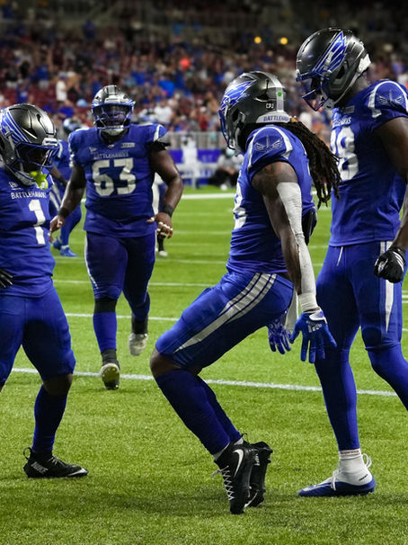 James Bostic III performs a Michael Jackson-inspired celebration after scoring a touchdown for the St. Louis Battlehawks during a UFL game.