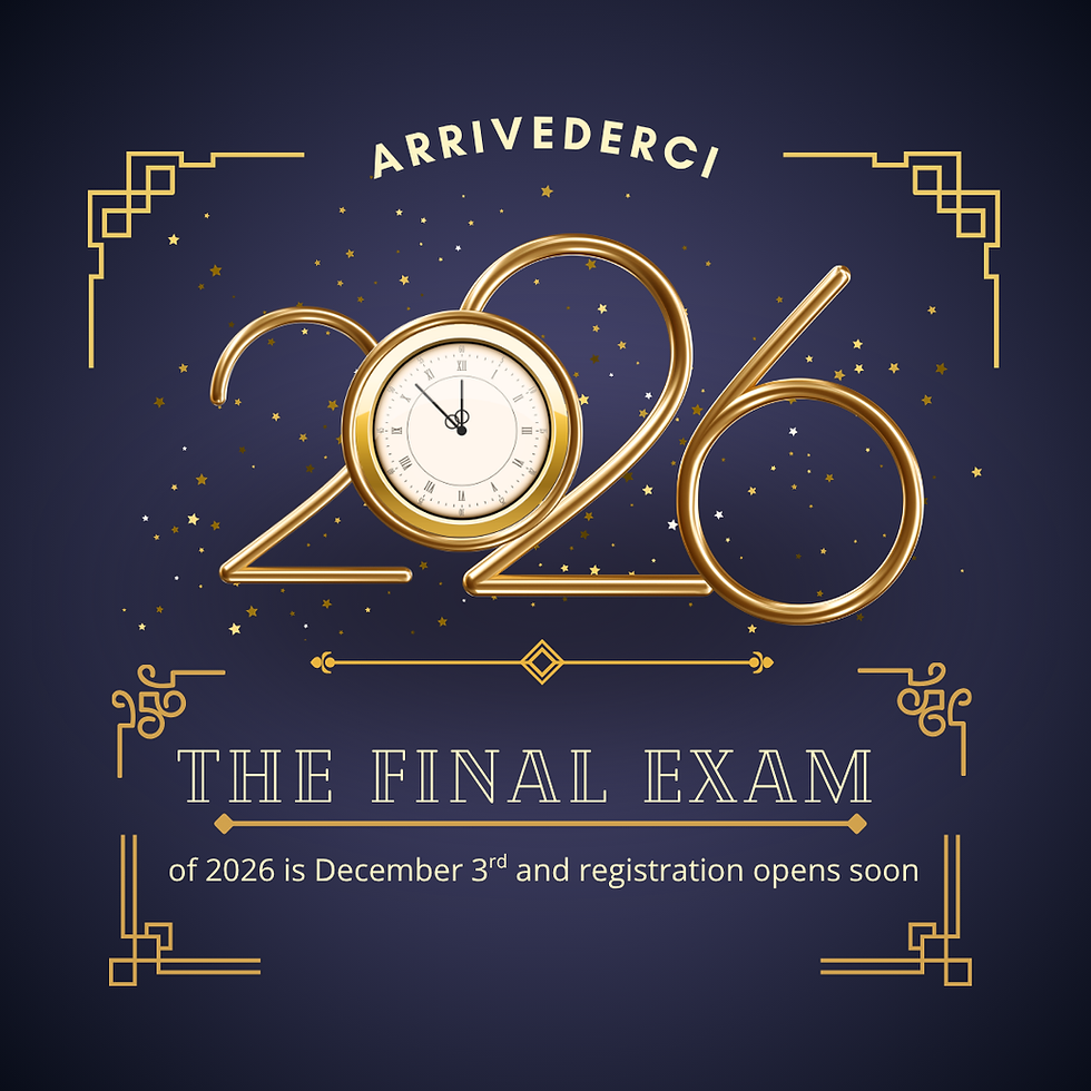 Gold "Arrivederci 2026" graphic with a clock, announcing that the final CILS exam of 2026 is December 3 and registration opens soon