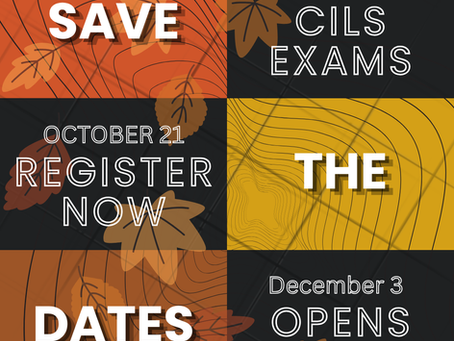 Graphic reading 'Save the Dates: 2026 CILS Exams' with two exam dates highlighted: October 21, register now, and December 3, opens soon.