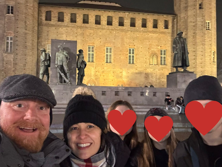 Tiffany and her family at Piazza Castello in Torino, Italy