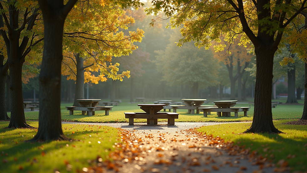 Wide angle view of a beautiful park setting with picnic tables and trees