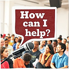 Create a collage that says _How can I help__ in a word bubble with a microphone and a dive