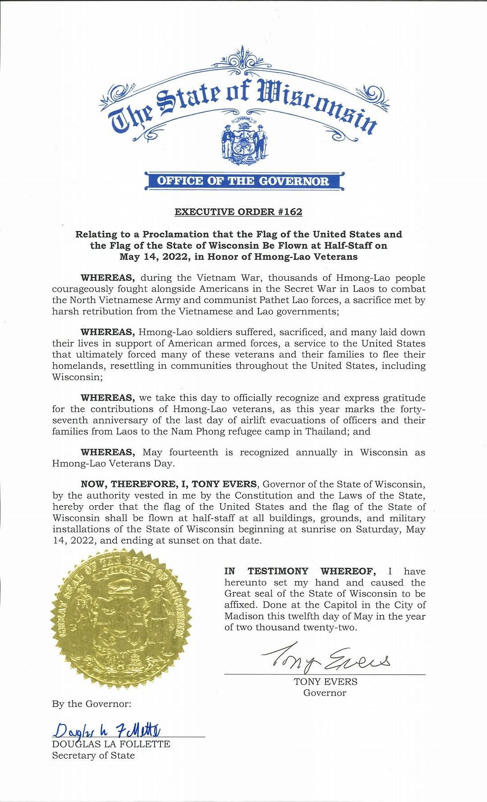 Flag of United States and Wisconsin Half-Staff on May 14