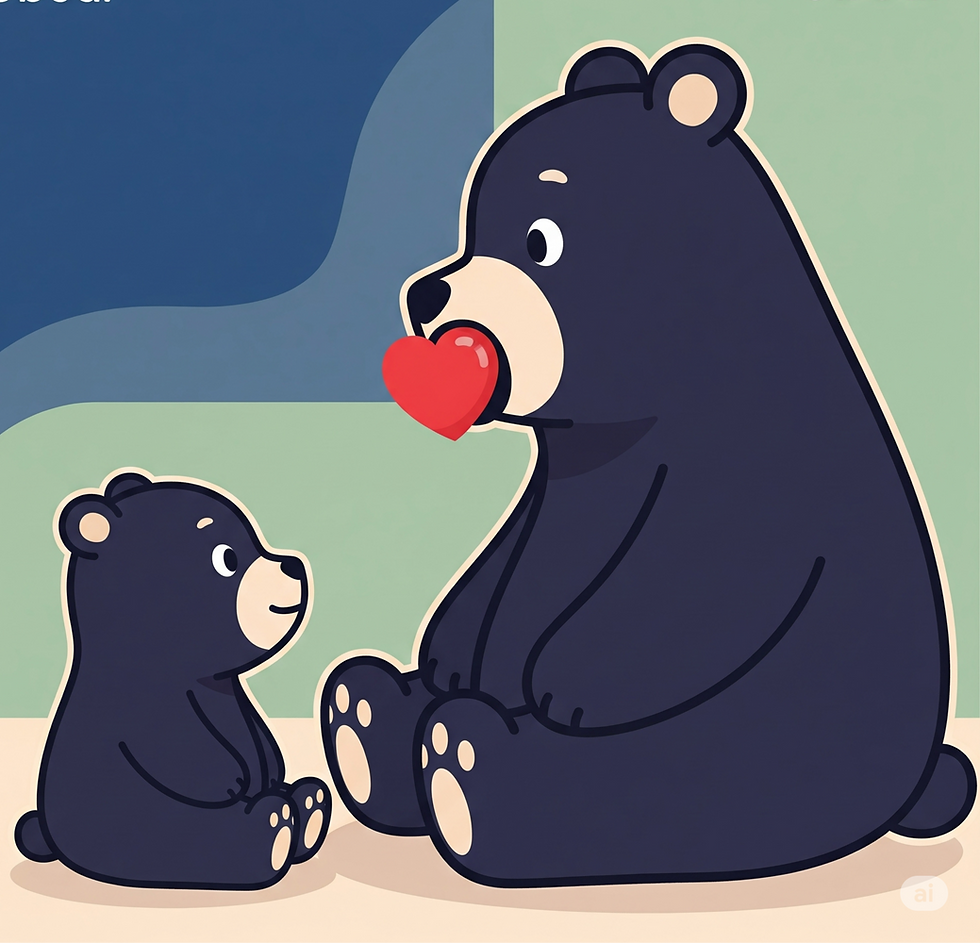 一隻可愛的卡通黑熊學生正在專心聆聽熊爸/熊媽說話,熊爸/熊媽以愛心符號取代嘴巴。這張圖片象徵著家長與青春期孩子建立有效溝通的技巧,從單向的說教轉變為雙向的傾聽與愛。