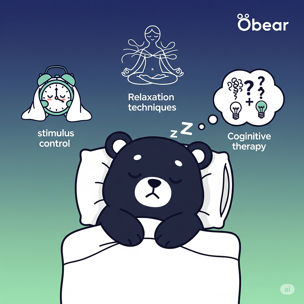 一隻可愛的卡通小熊正在床上安穩地睡覺,周圍環繞著CBT-i的符號:被遮蓋的時鐘、冥想符號和清晰的思維泡泡。這張圖片象徵著透過科學的認知行為治療失眠(CBT-i)技巧,學生能夠擺脫失眠困擾,享受高品質的睡眠。