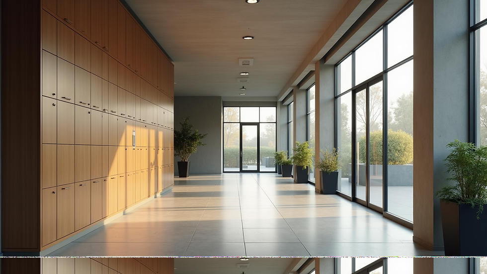 Eye-level view of a modern residential building lobby with package lockers