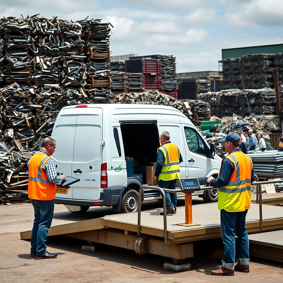 A vibrant, high-resolution daytime image of a busy UK scrap yard with a van unloading mixe