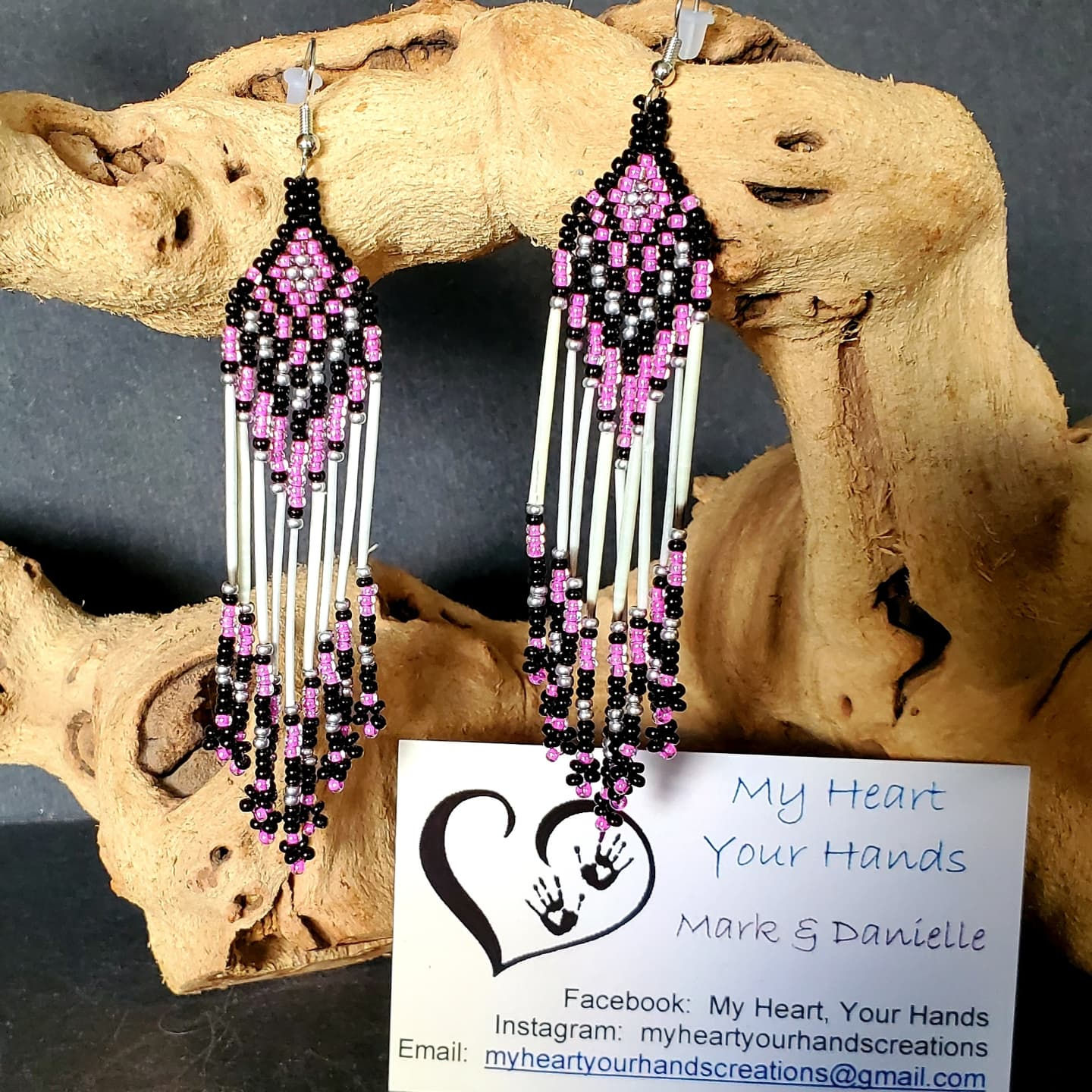 Pink and black dangle quill earrings