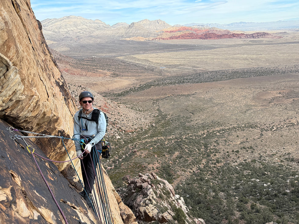 Eye-level view of a climber scaling a rock face in Red Rock Canyon
