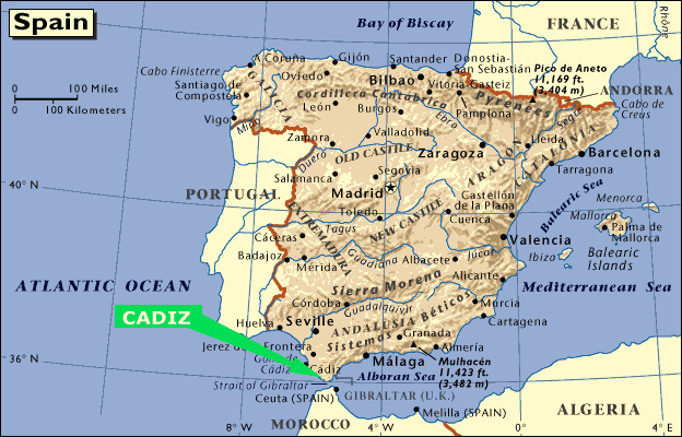 Map of Spain , position of Cadiz