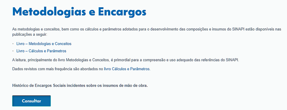 Página do SINAPI na Caixa com a escolha de estado, mês de referência e relatório desonerado ou não desonerado