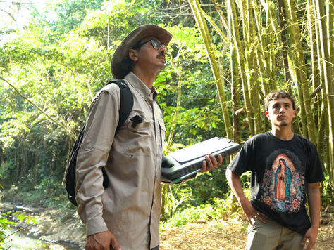 Asekia agronomist Heriberto Martínez Méndez accompanies landowner Javier (“Jomar”) Álvarez Vélez on a walk through his land in Puerto Rico.