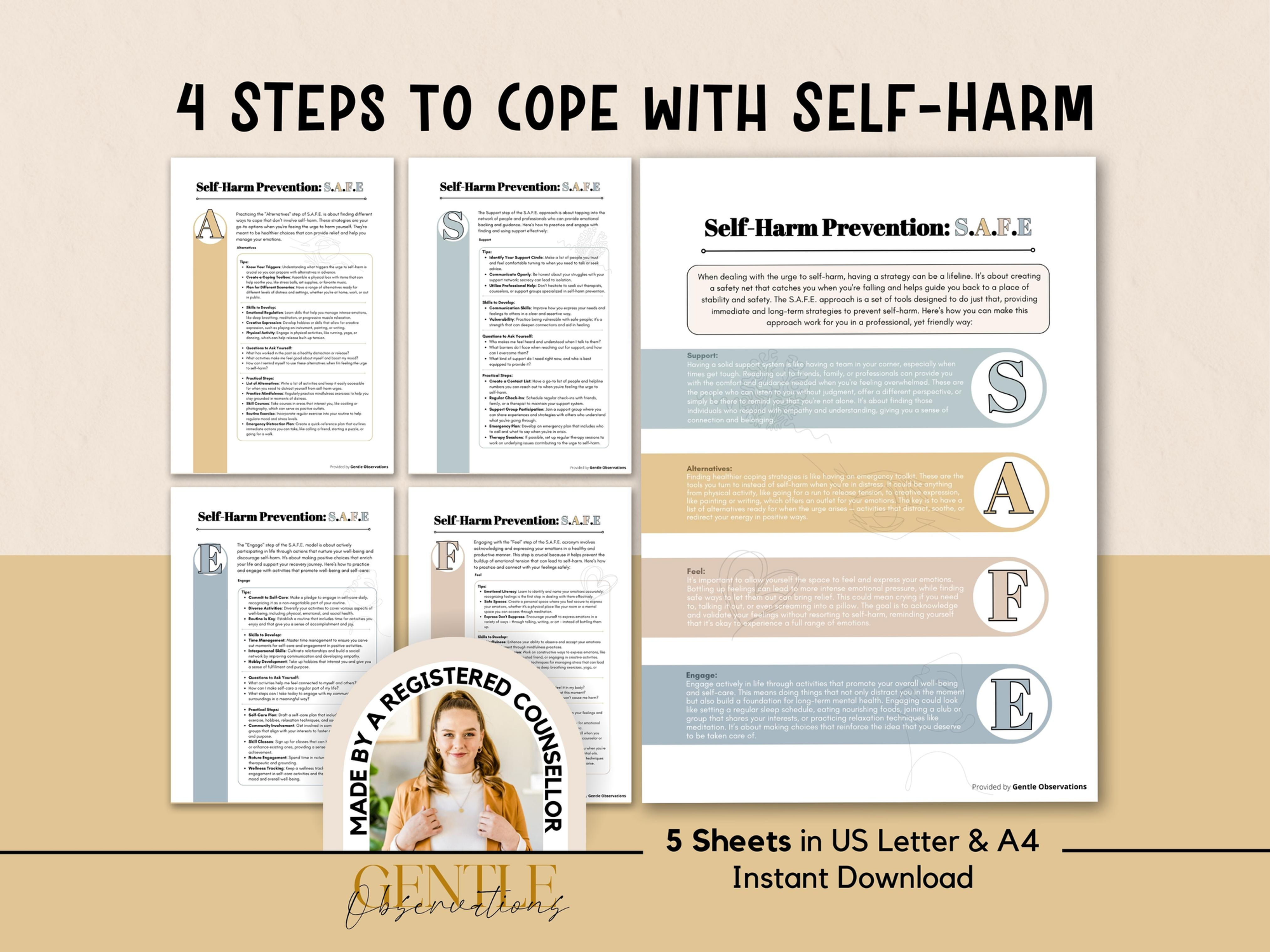 4 Steps For Self-Harm Prevention - S.A.F.E - Psycoeducational Handout
