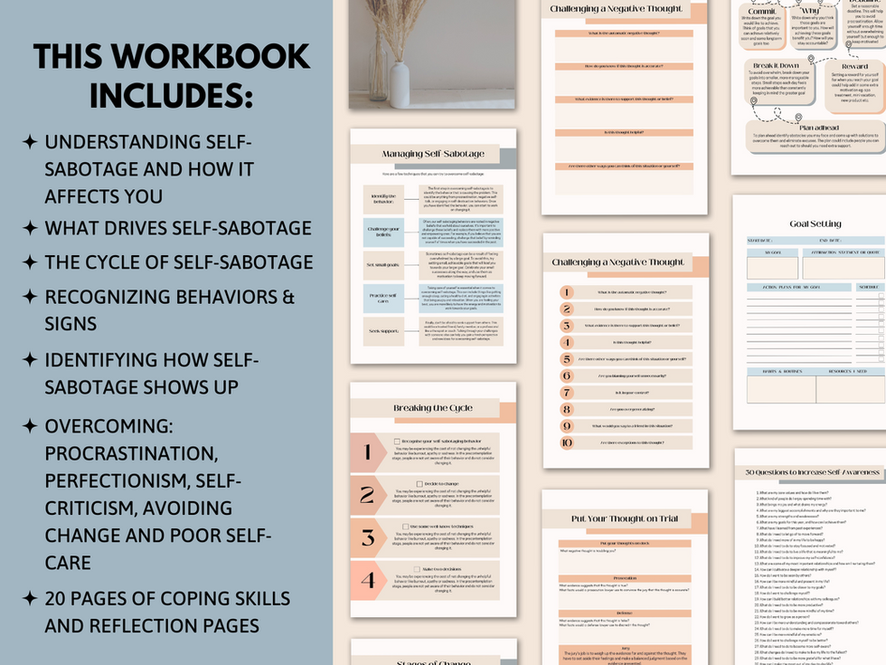 CBT workbook pages on self-sabotage and coping skills